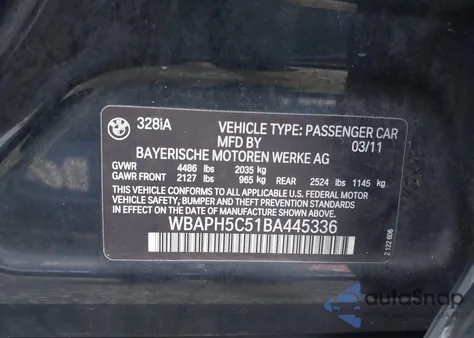 2011 BMW 328I from USA, damaged, VIN WBAPH5C51BA445336